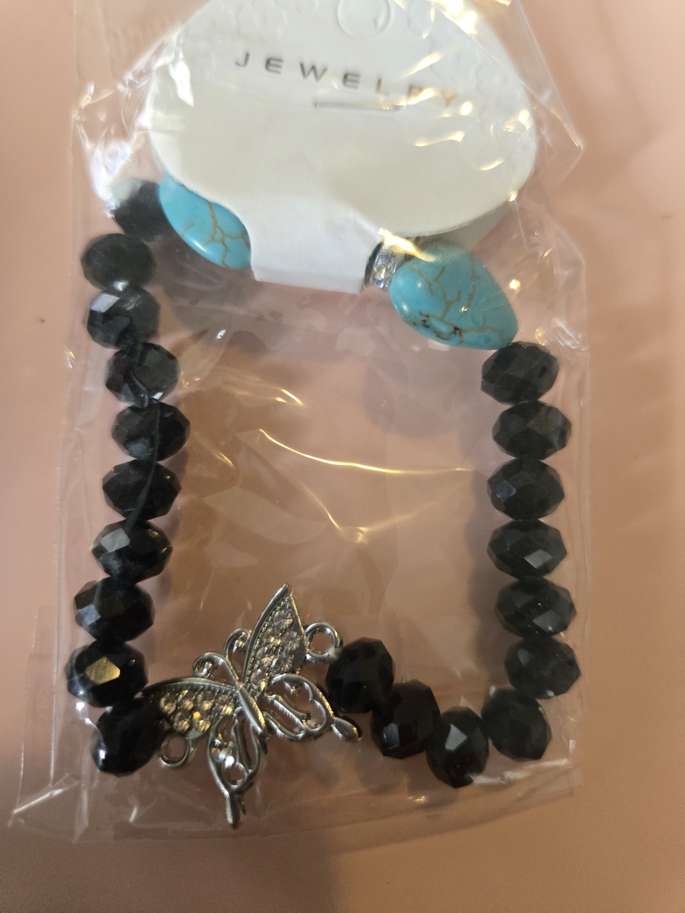 Fashion Jewelry Black Beaded Bracelet with Turquoise Accent and Silver Butterfly